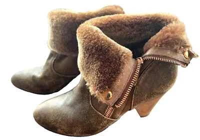 Matt Bernson Brown Leather Shearling Fold-Over “Minx” Ankle Boots Womens Szie 7 - Image 1 of 4