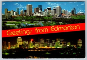 Day & Night Views From North Saskatchewan River, 1985 Edmonton Alberta Postcard - Picture 1 of 2