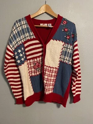 Vintage Crazy Horse Womens Cardigan Small Mixed Media Chunky Knit Grannycore 90s - Image 1 of 4