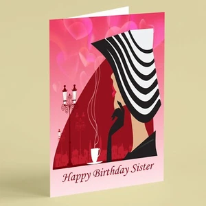 Sophisticated female wearing hat and drinking coffee Sister birthday card - Picture 1 of 1