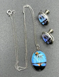 Collar y aretes de colección palmera puesta de sol profundidad tono plata 18" con rosca trasera - Imagen 1 de 10