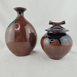 Tenmoku Glazed Studio Porcelain Pottery Vase & Lidded Jar Set Brown Black Signed - Picture 1 of 24