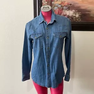 Camicia Wrangler Western Marrone Perla Snap Elasticizzata Denim Manica Lunga Donna Small - Foto 1 di 10