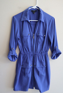 Alfani Women's Light Blue Zip Up Shirt Dress Pockets Roll Tab Sleeve V Neck SZ 6