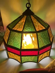 1970’s Stained Glass Leaded Swag Lamp, 11.5” Vivid Colors 1 Bulb. Plug In - Picture 1 of 9