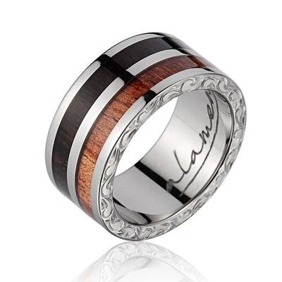 ANILLO DE BODA GENUINO MACASSAR ÉBANO HAWAIANO KOA MADERA TITANIO DESPLAZAMIENTO 10 MM Foto 1 de 2