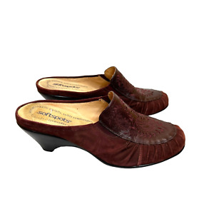 SoftSpots Womens Mules Size 9 M Burgundy Suede Tooled Leather Wedge Heel Shoes
