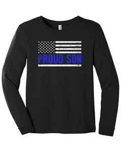 Proud Son Blue Line Police Flag Youth Long Sleeve T-Shirt American Support - Picture 1 of 4
