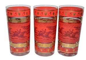 Vintage Longdrinkgläser Rot Gold Pferd Fuchs Jagd 12 oz 3er Set MCM Barware Man Cave - Bild 1 von 10