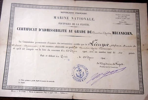 MARINE NATIONALE 1906 certificat pour le grade de quartier maitre mecanicien - Picture 1 of 1