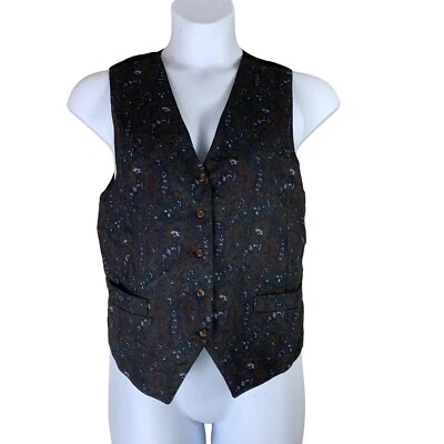 Colete Vintage Tamanho Médio Linea Gitano Mistura de Lã Botão para Cima Paisley Azul Preto - Imagem 1 de 4