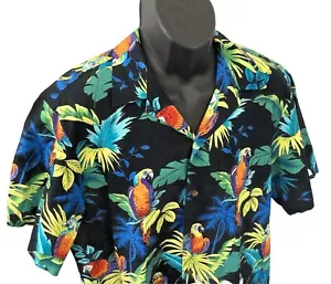 RJC Mens XL Hawaiian Tropical Camp Shirt Black Multicolor Parrot Rain Forest USA - Picture 1 of 7