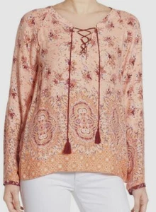 $89 Sanctuary Women's Pink Long-Sleeve Floral Print Lace-Up Blouse Top Small - Picture 1 of 5