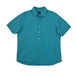 Hugo Boss Shirt Mens XL Capri Blue Linen Cotton Blend Regular Fit Leaf Print - Picture 1 of 10