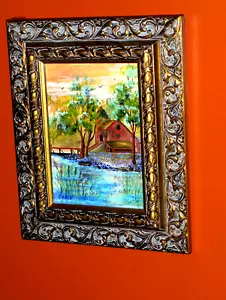 Original Ornate Frame Bluebonnet Pond Barn Fence Frame Oil Cnv Painting Vintge - Picture 1 of 11