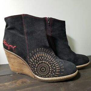 Desigual Booties Ankle Boots Wedge Heel Black Suede Leather Red Stitching 41