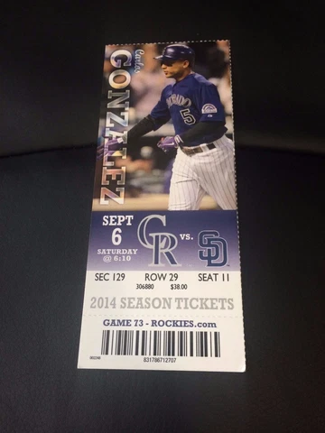2014 Rockies vs. San Diego Padres Season Ticket Stub - September 6 Gonzalez Cover