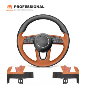 Black Brown Leather Car Steering Wheel Cover Wrap for Audi A3 A4 A5 Q2 2015-2022 - Picture 1 of 10
