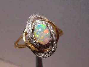 Opal & Diamond  Ring , Solid 14k Yellow Gold - Picture 1 of 10