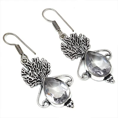 Pendientes de piedras preciosas de cuarzo solar blanco regalo para ella joyería de plata 1,5"" Foto 1 de 4