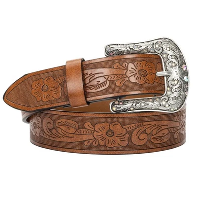 Western-Leather-Belts for Women Turquoise-Oval-Buckle Embossed Cowgirl Belt - Image 1 of 4