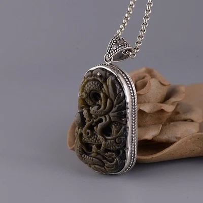 Colgante dragón obsidiana tallado en plata S925 amuleto de protección de piedras preciosas míticas Foto 1 de 4