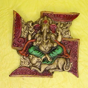 Lord Ganesh on Mouse Wall Hanging Mask Metal Figure Home Office Decor figurine - Picture 1 of 8