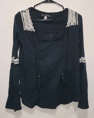 Black White Boho Billabong Long Sleeve Hippie Blouse Top 100% Cotton Sz M - Image 1 of 4