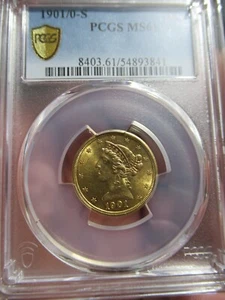 1901/0-S $5 Liberty Gold Half Eagle PCGS MS61 Coin, RARE COIN, San Francisco - Picture 1 of 9