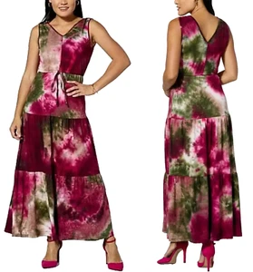 NEW Nina Leonard SZ 1X Sleeveless Tiered Tie Dye Maxi Dress PLUS SZ 1X RED WINE - Picture 1 of 4