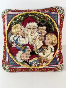 Vintage Needlepoint Christmas Pillow Santa Children Velvet Back 9”x 9” kids - Picture 1 of 7