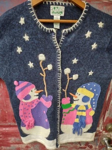 Snowman Holiday Women's Sweater Roasting Smores Quacker Factory M - Picture 1 of 7