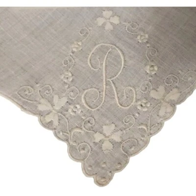Vintage Madeira Linen Handkerchief Woman's Initial R Embroidered Sticker Unused — 第 1/3 张图片