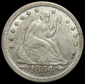 1854 ARROWS US SEATED LIBERTY QUARTER 25C AU COIN - Picture 1 of 2