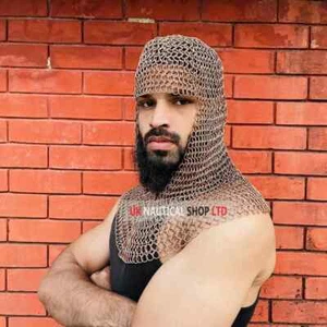Copper Chain mail Coif 10mm Neck Chainmail Hood Medieval Chainmail Armor Costume - Picture 1 of 8