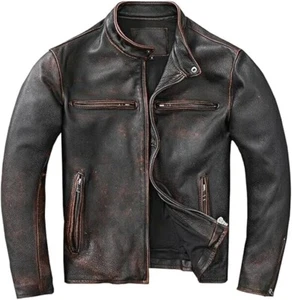 Men’s Motorcycle Biker Vintage Cafe Racer Distressed Black Real Leather Jacket - Picture 1 of 3