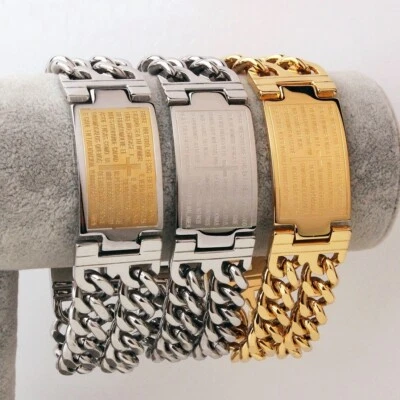 Fashion Men Stainless Steel Curb Cuban Chain Cross Bible Cross Bracelet 9" 23mm - Image 1 of 4