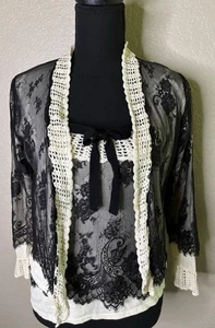 Michael Simon Cardigan & Tank Top Pullover Set Gr. M creme mit schwarzer Spitze 2 tlg Goth - Bild 1 von 17
