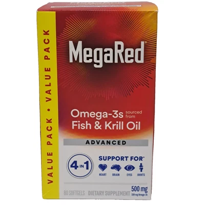MegaRed Advanced 4 en 1 Omega-3 Aceite de Pescado y Krill 500 mg 80 Cápsulas Blandas Salud del Corazón Foto 1 de 4