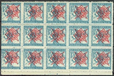 Yugoslavia SHS Eslovenia 1920, 50 (Pa) en 15 Vin Azul, franqueo debido panel de 15, MNH Foto 1 de 2