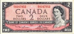 VINTAGE CANADA BANKNOTE 1954 2 DOLLAR PREFIX MG NO449 - Picture 1 of 2