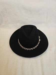 ALDO Damen 90% Wolle Fedora S/M schwarz Mütze breiter Brin mit zwei Schlangenkopfketten GP. - Bild 1 von 8