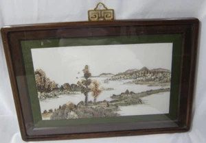 Rare Vintage Asian Shell Relief Wall Art framed Top Brass Hanger Landscape 1960s - Picture 1 of 9