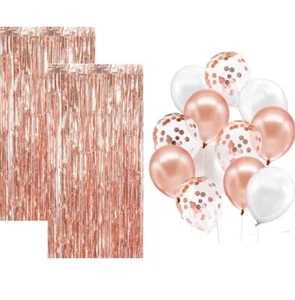 Party Decorations, Rose Gold Foil Curtain Backdrop, Rose Gold & white balloons. - Picture 1 of 7