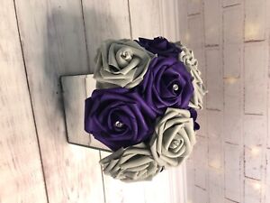 Silver Crush Diamond Vase Square Mirrored Finish With Grey And purple roses 