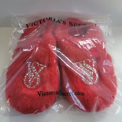 Victoria Secret Red Fur Rhinestone Logo Slippers - Size Small (New With Tags) - Image 1 of 4