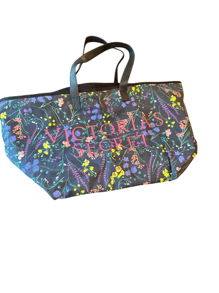 Victorias Secret Black Floral Canvas Tote Bag With Black Straps Zip top - Image 1 of 1