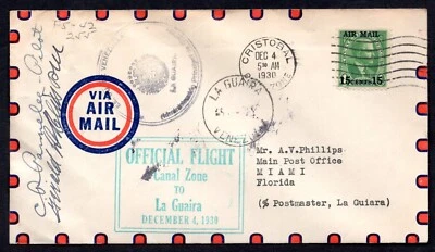 US CANAL ZONE 1930 OFFICIAL FLIGHT CRISTOBAL VIA LA GUAIRA VENEZUELA TO MIAMI - Image 1 of 2