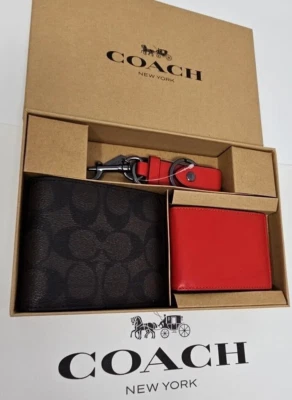 🌟🌷Coach 3 en 1 Caoba/Brillante Cardenal Rojo Billetera Gatillo Llavero Juego de Caja Nuevo con Etiquetas Foto 1 de 4