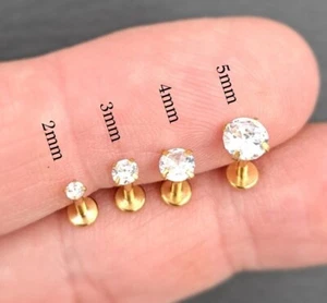 Simple Earring Flat Labret Back Round Diamond Cz Minimalist Cubic Gold Silver - Picture 1 of 9